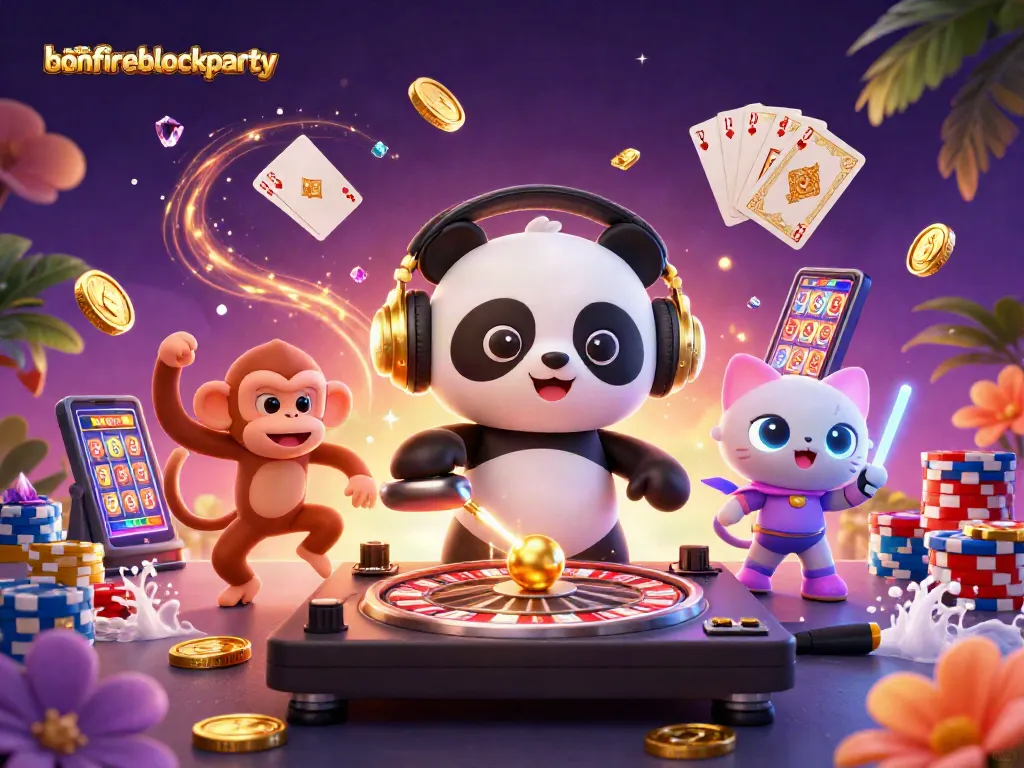 Experience the excitement of bonfireblockparty with a DJ panda, dancing monkeys, and vibrant casino elements.