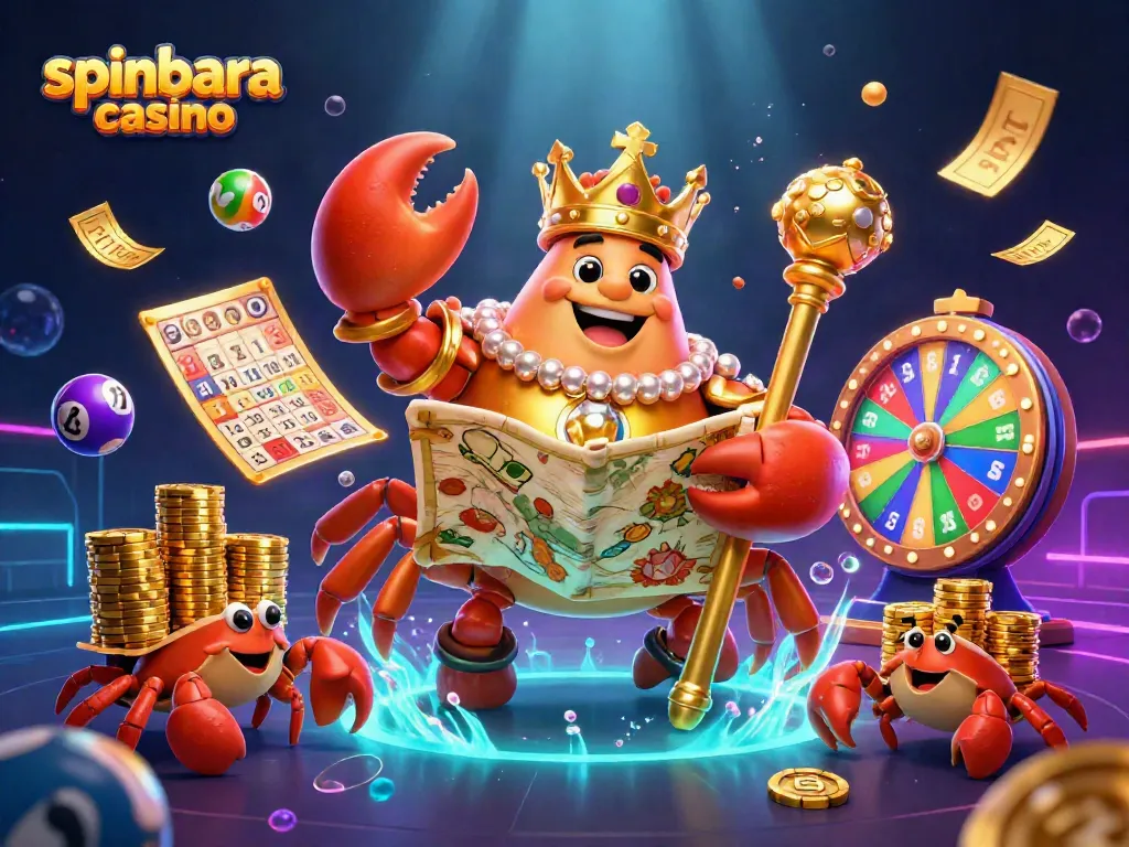 Experience excitement at spinbara casino with vibrant games and dynamic characters in this lively illustration.