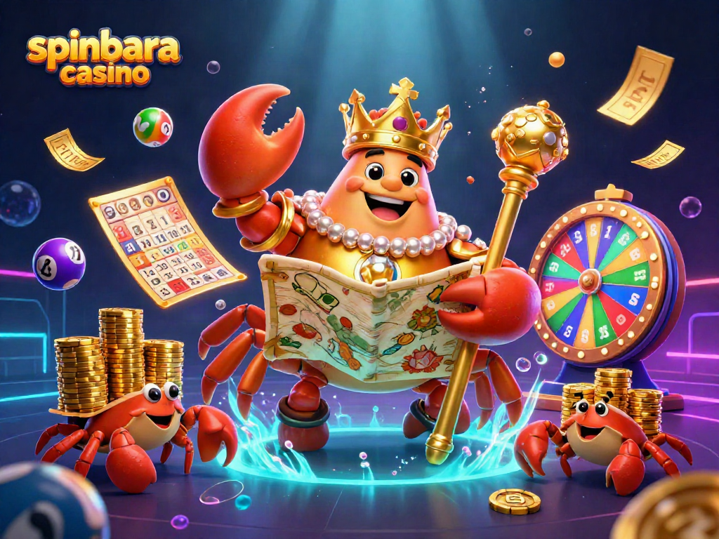 Experience excitement at spinbara casino with vibrant games and dynamic characters in this lively illustration.