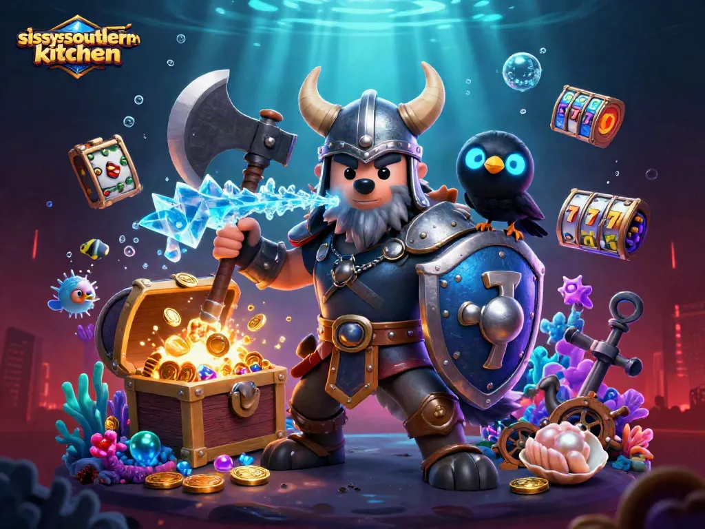 Sissy's Southern Kitchen showcases a Viking wolf warrior and dragon celebrating a jackpot with golden treasures.