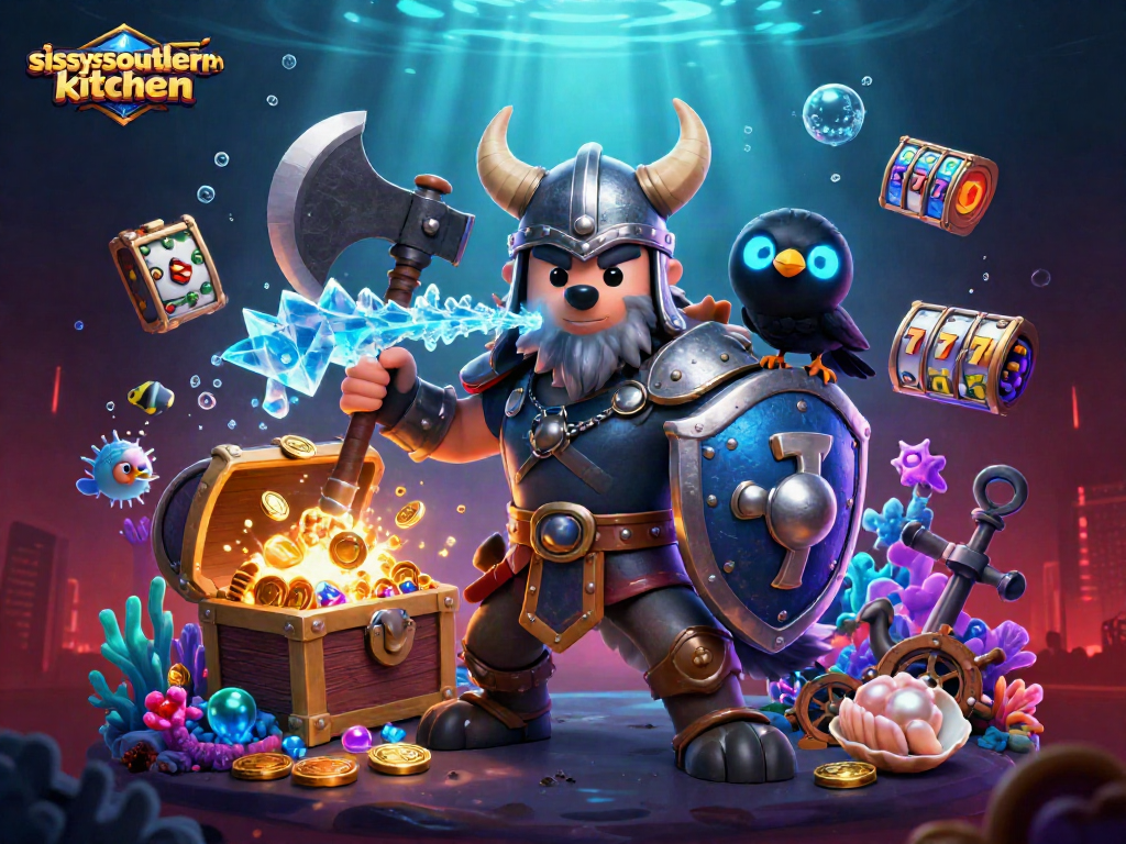 Sissy's Southern Kitchen showcases a Viking wolf warrior and dragon celebrating a jackpot with golden treasures.