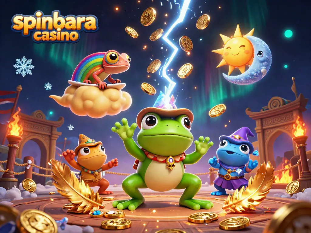 Enjoy thrilling slots at spinbara casino with vibrant characters and rich golden visuals.