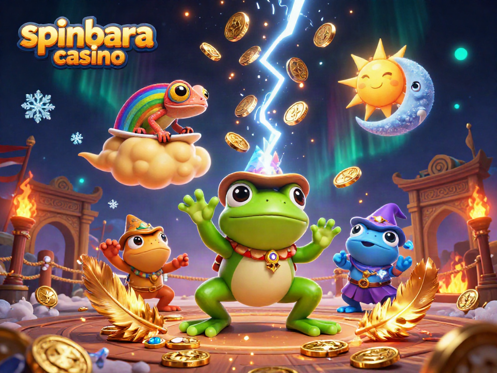 Enjoy thrilling slots at spinbara casino with vibrant characters and rich golden visuals.