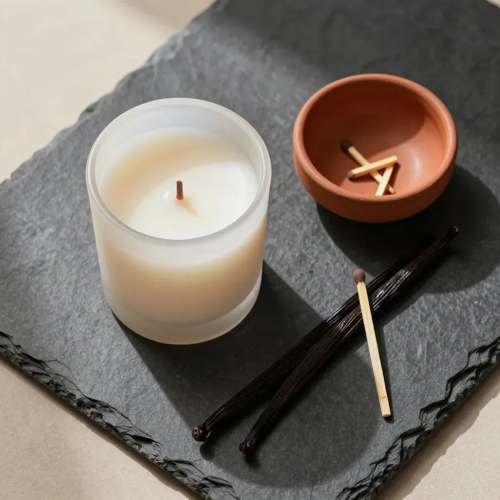 Vela vainilla canela apagada con cerillas negras y cuenco terracota sobre piedra oscura.