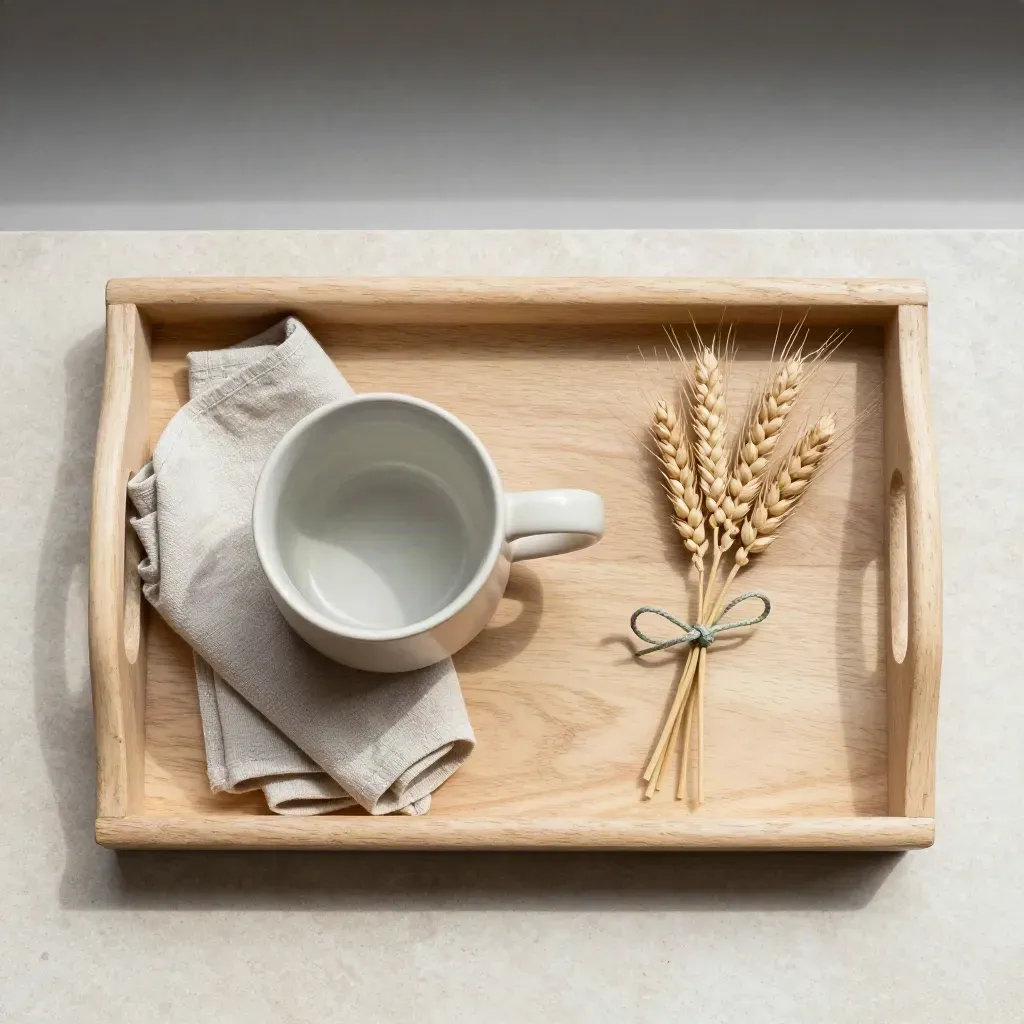 Bandeja de madera clara con taza mate, servilleta de lino y ramo seco sobre piedra clara.