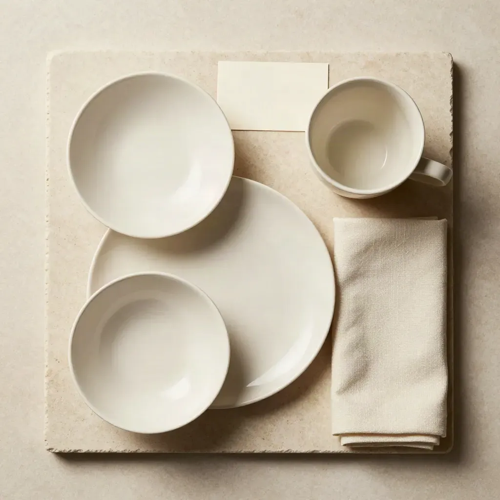 Vajilla crema de 4 piezas en flatlay cenital sobre piedra clara, con servilleta de lino.