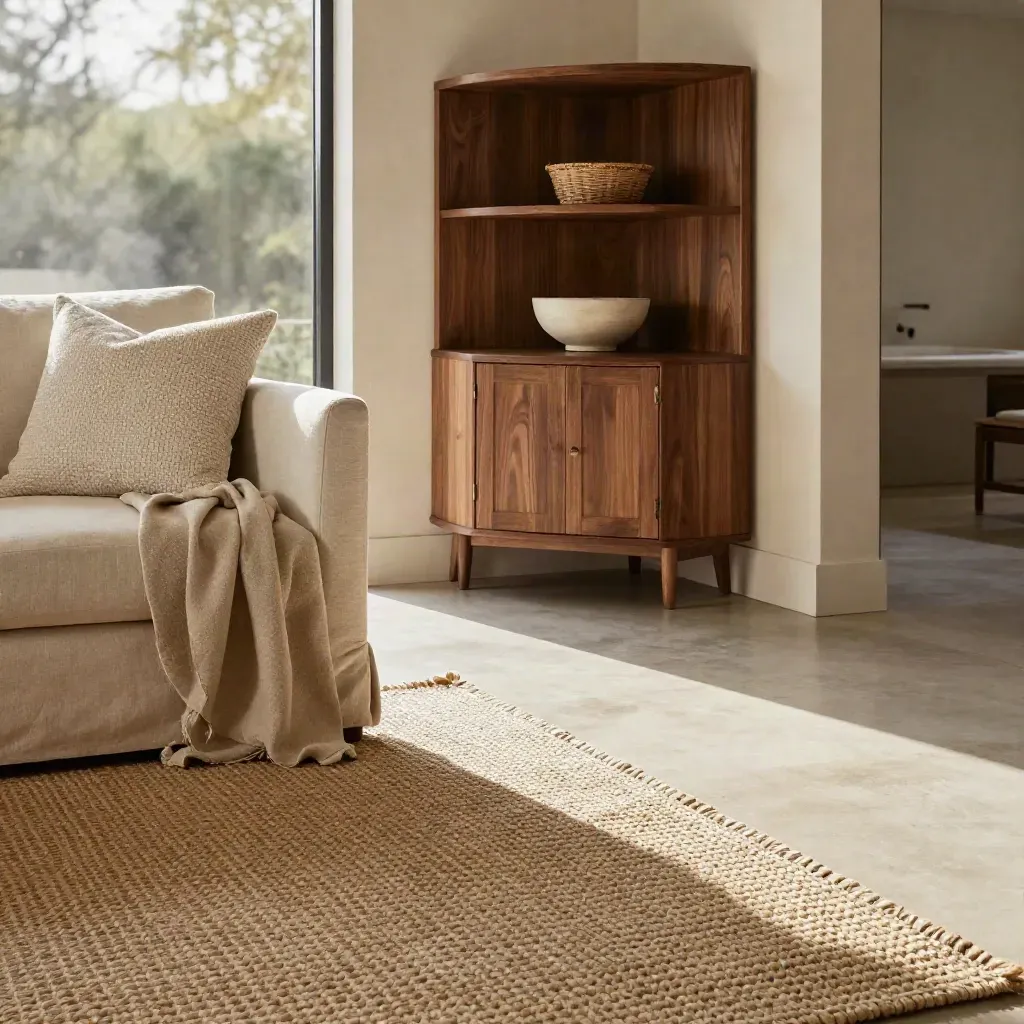Salón cálido con sofá de lino, alfombra de yute y rincón de madera oscura, luz suave de mañana.