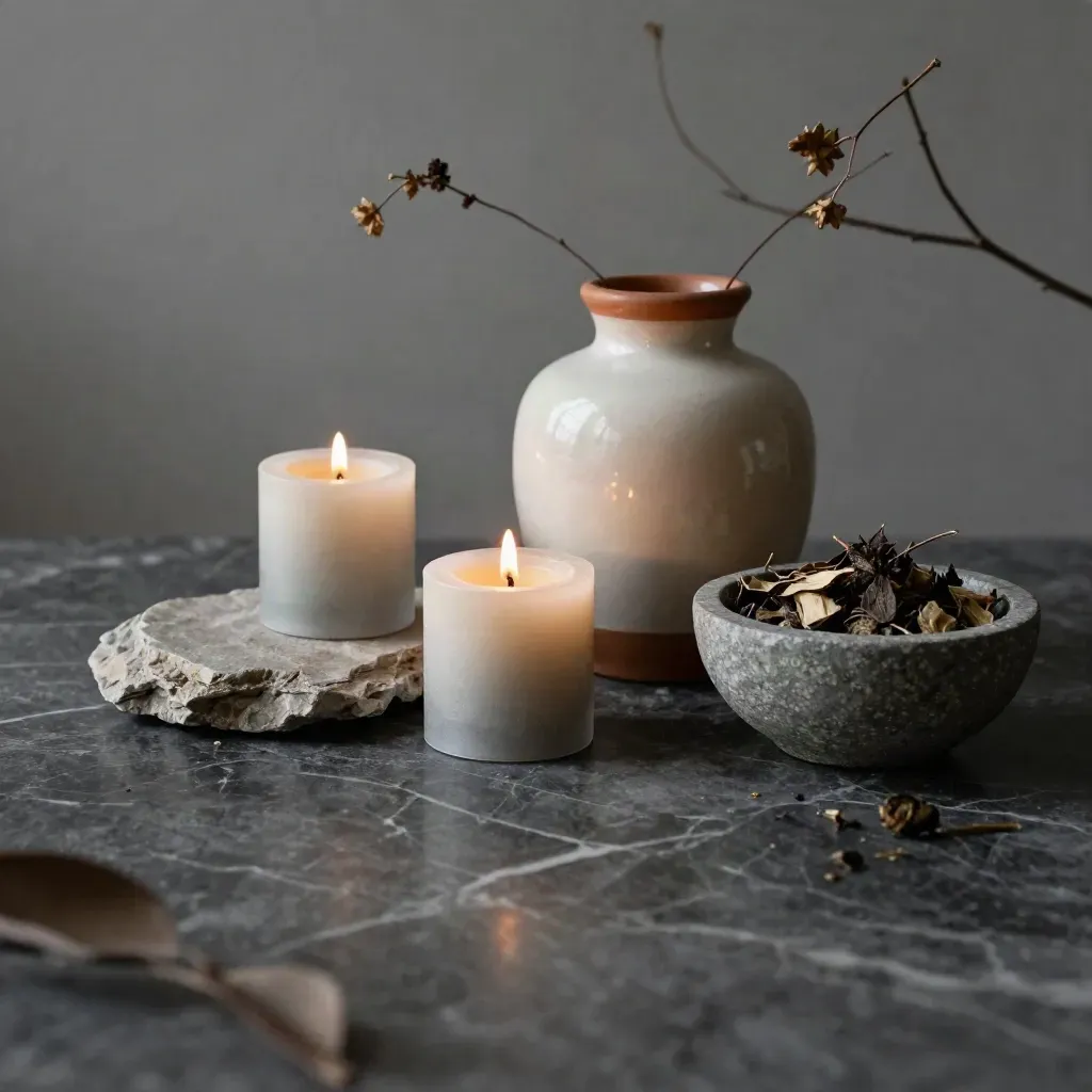 Velas bajas, cerámica crema y ramas secas sobre mármol oscuro con luz rasante.