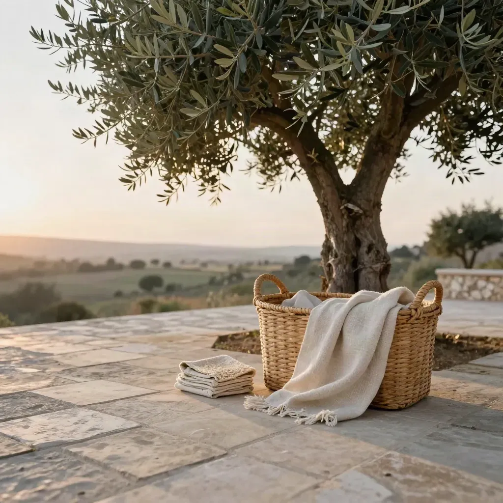 Patio de piedra con olivo, cesta y textiles neutros bajo luz cálida de atardecer.