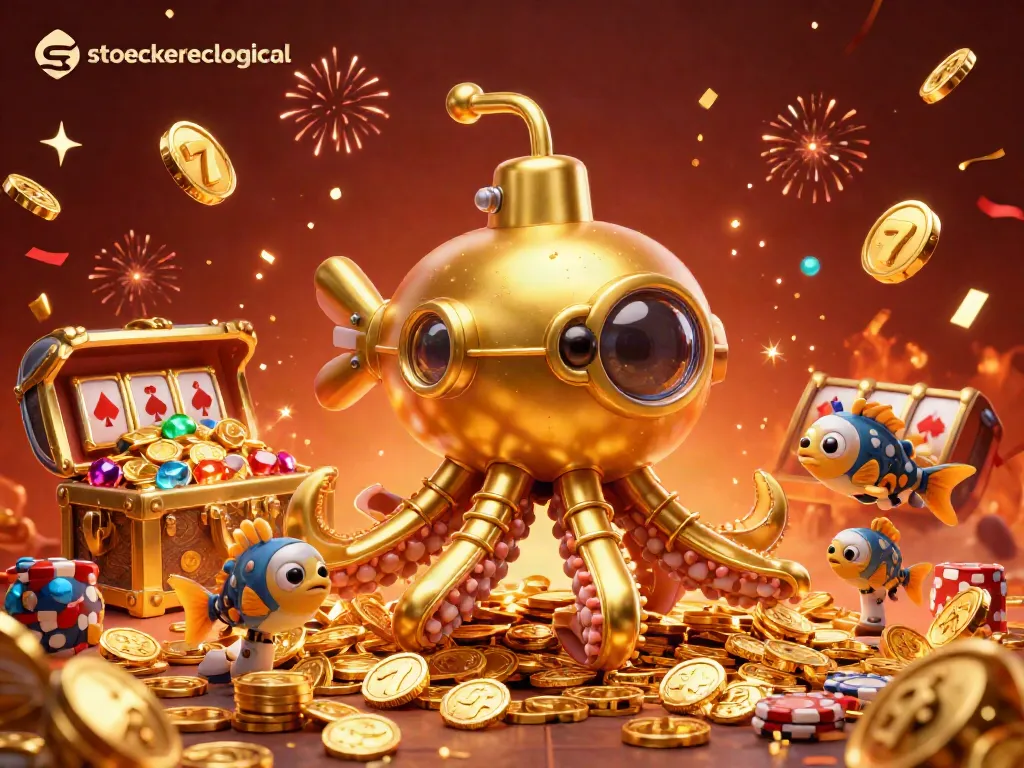 Join the fun of stoeckerecological's vibrant casino scene, featuring a kraken submarine amidst golden coins and slot reels.